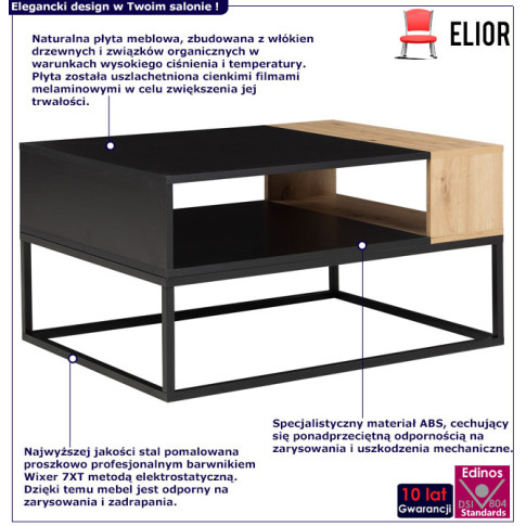 infografika industrialnego prostokątnego stolika kawowego z polka czarny artisan ador