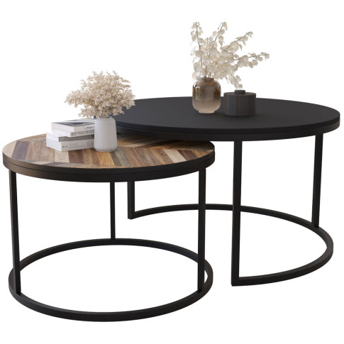 zestaw 2 okrągłych stolików kawowych do salonu loft deska czarny onraro 4x