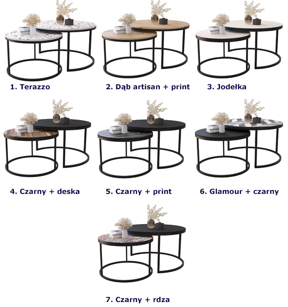 Kolory kompletu 2 okrągłych stolików kawowych Azer 4X