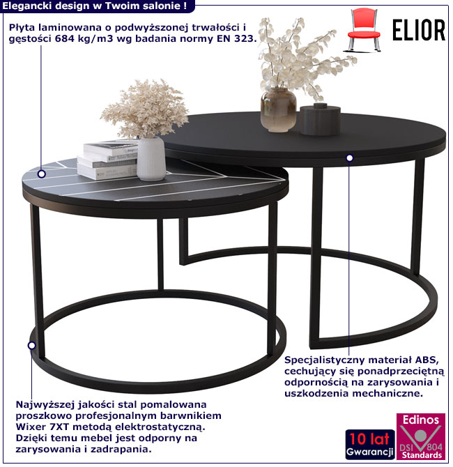 Infografika czarnego kompletu stolików kawowych Azer 4X