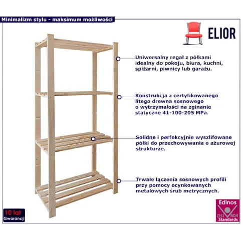 Drewniany uniwersalny regał z półkami Rayan 4X