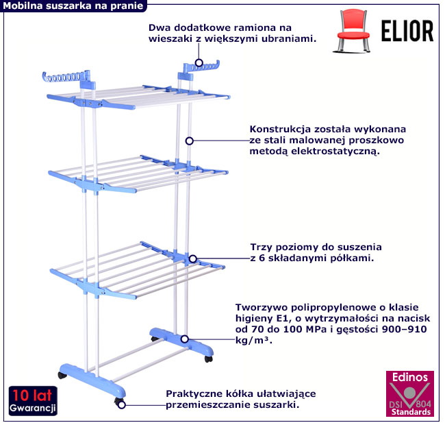 Niebieska suszarka na ubrania na kółkach Garela