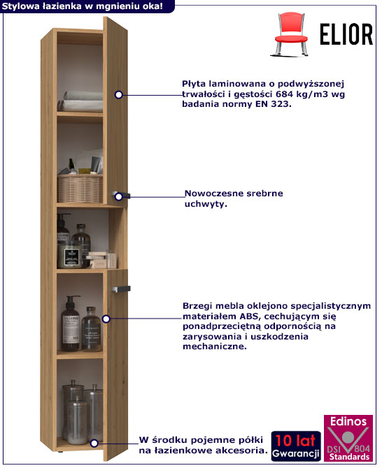 Infografika nowoczesnego słupka łazienkowego w kolorze dąb artisan zestaw 3X