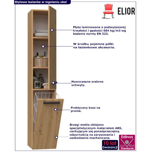 Infografika wąskiej szafki łazienkowej z koszem na bielizne artisan merimo 6x