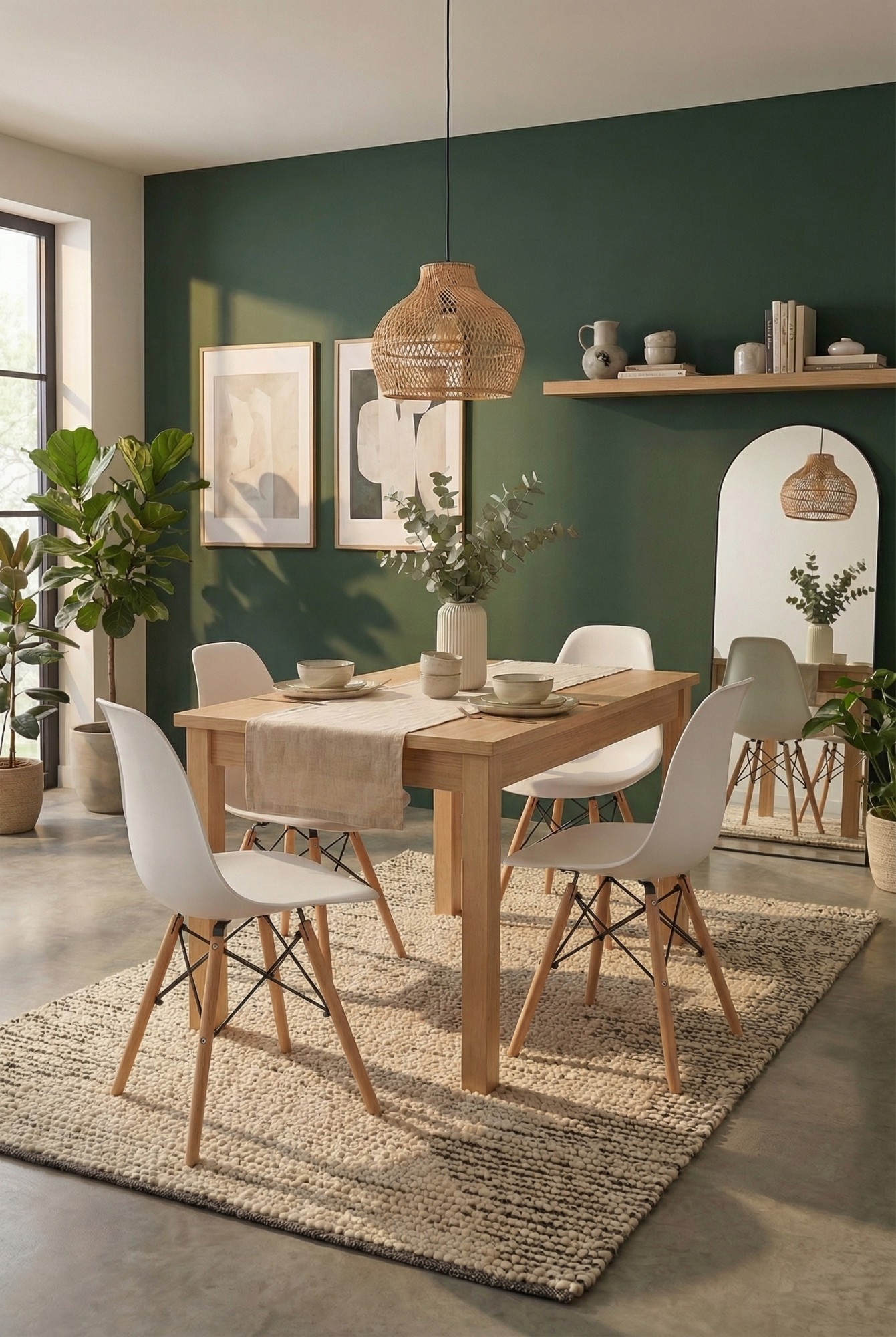 Jadalnia skandynawska z wykorzystaniem białego krzesła Eames Sopi 4X