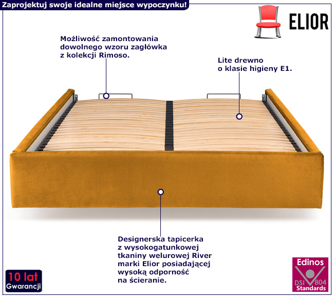 Musztardowe tapicerowane łóżko Irto
