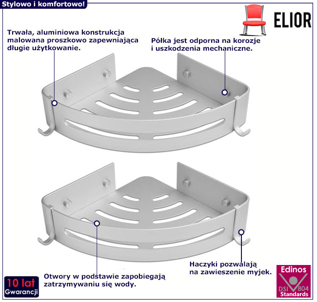 Srebrne narożne półki prysznicowe o narożnej formie Hares