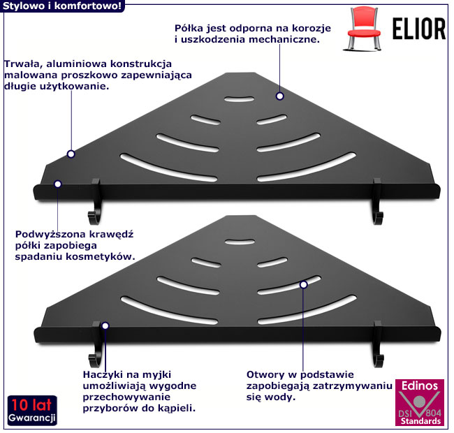 Czarne narożne półki prysznicowe w kolorze czarnego matu Atina