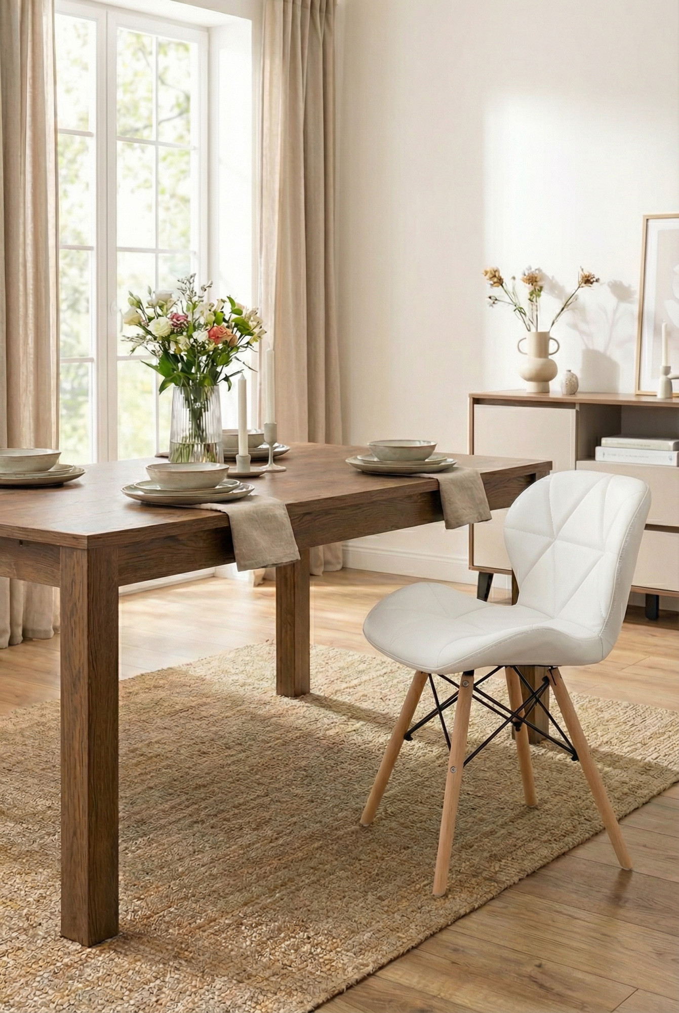 Aranżacja wnętrza z białym krzesłem skórzanym Inez 3X