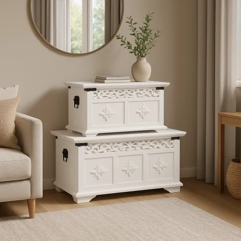 Zestaw dwóch białych skrzyń na pościel   Zefir