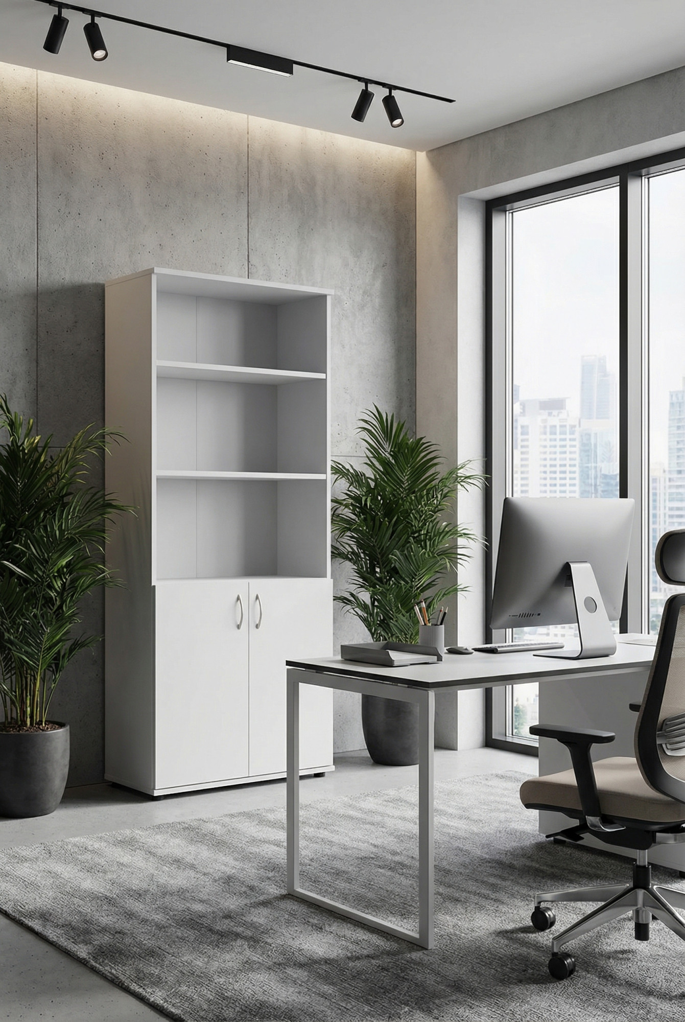 Wizualizacja białego regału zamykanego Madix