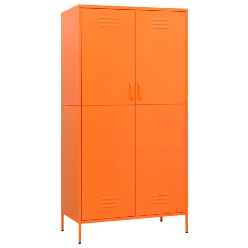 pomarańczowa szafa gospodarcza dwudrzwiowa metalowa z półkami garu 7x