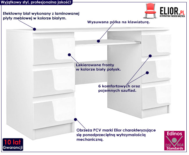 Lakierowane białe biurko z 6 szufladami Liner 3X