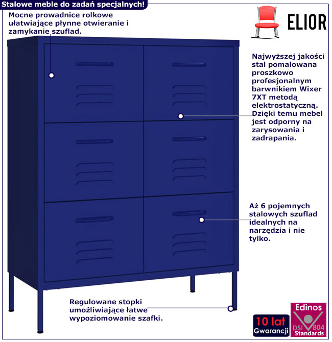 Infografika granatowej metalowej szafki z 6 szufladami do garażu Dova 5X