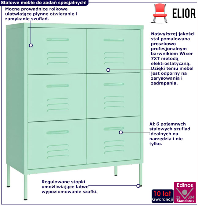 Infografika miętowej metalowej szafki z 6 szufladami do garażu Garu 5X