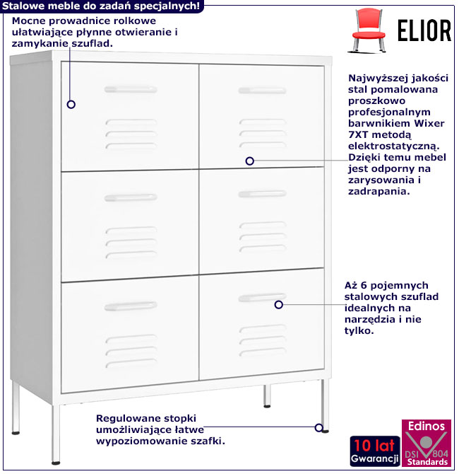 Infografika białej metalowej szafki z 6 szufladami do garażu Garu 5X
