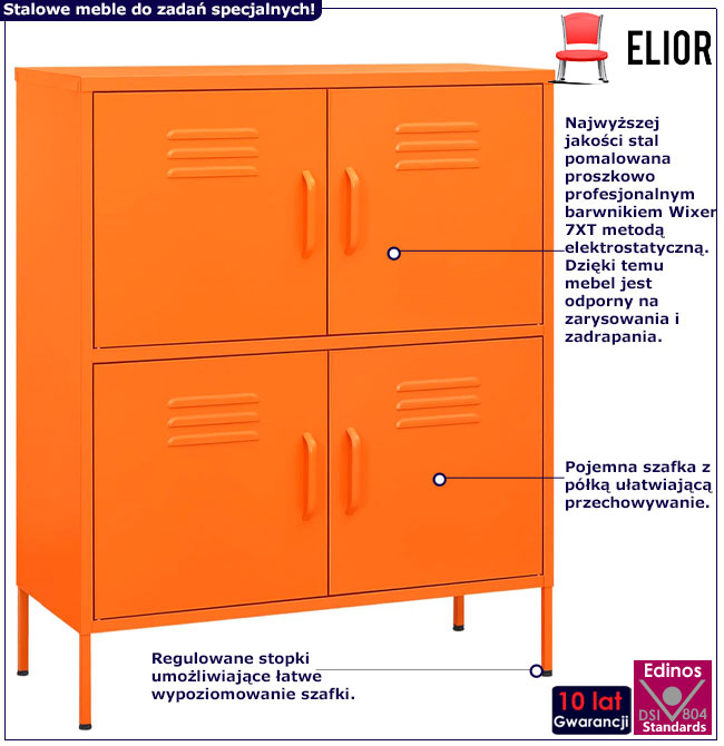Infografika pomarańczowej stalowej szafki do garażu Garu 4X