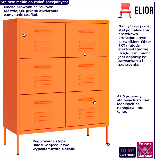 Infografika pomarańczowej metalowej szafki z 6 szufladami do garażu Garu 5X