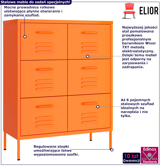 Infografika pomarańczowej metalowej szafki z 6 szufladami do garażu Lirena 5X