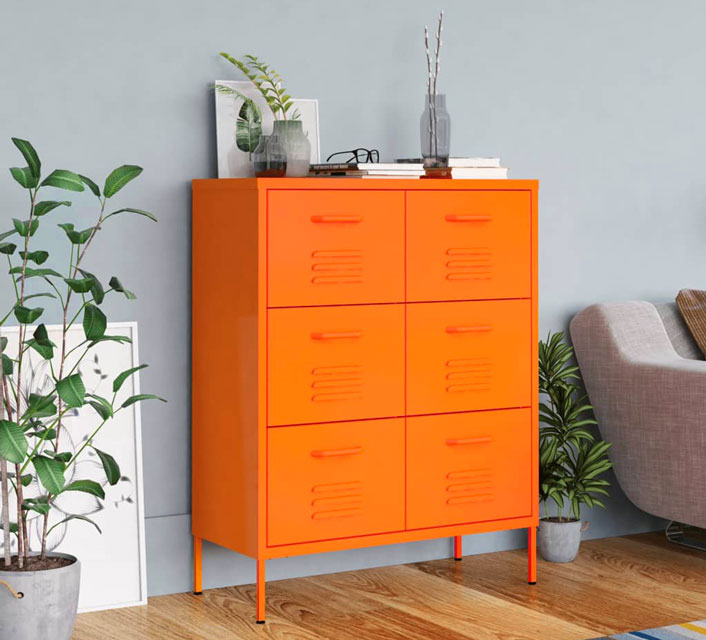 Przykładowe zastosowanie stalowej pomarańczowej szafki z szufladami Garu 5X