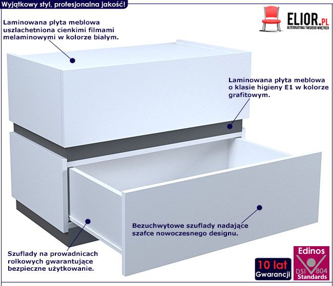 Biała szafka nocna do łóżka Tibia 2X