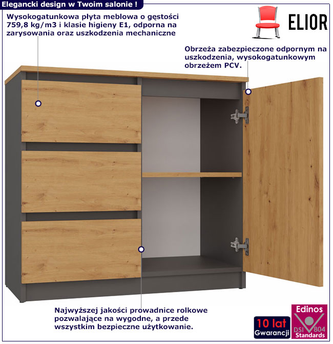 Komoda z szufladami i półkami do przedpokoju Promesos 3X dąb artisan + antracyt