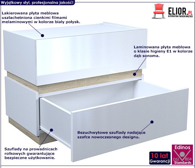 Lakierowana biała szafka nocna do sypialni Tibia 3X