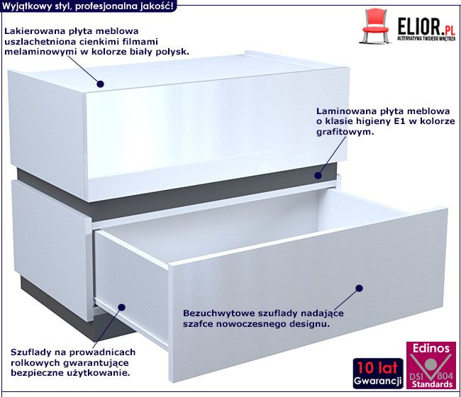 Szafka nocna do sypialni biały połysk, grafit Tibia 3X