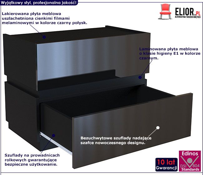 Lakierowana czarna szafka nocna do sypialni Tibia 3X