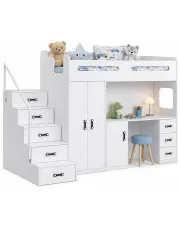 Białe dziecięce łóżko z szafą i biurkiem pod spodem - Mirida w sklepie Edinos.pl