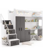 Szafa z łóżkiem i biurkiem pod spodem dla dzieci Mirida - Biało grafitowa w sklepie Edinos.pl