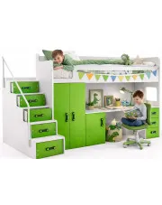 Biało-zielone łóżko na antresoli dla dziecka z biurkiem i szafą - Mirida w sklepie Edinos.pl