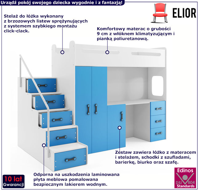 Łóżko dziecięce na antresoli z biurkiem i szafą Gavina