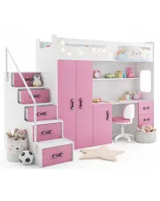 Biało-różowe łóżko piętrowe dla dziewczynki z biurkiem i szafą - Mirida w sklepie Edinos.pl