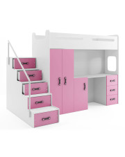 Biało-różowe łóżko dla dziewczynki z biurkiem i szafą - Awos