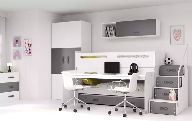 Dziecięce łóżko piętrowe z wusuwanym biurkiem Asi