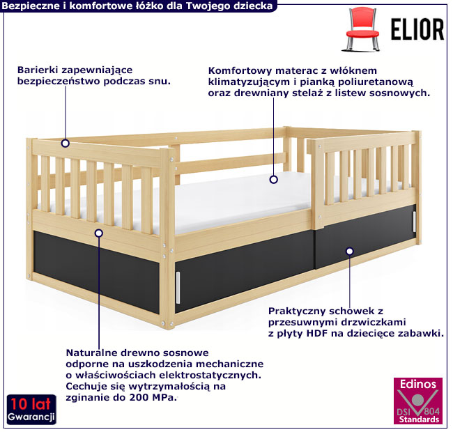 Drewniane łóżko dla dziecka z barierką Apio