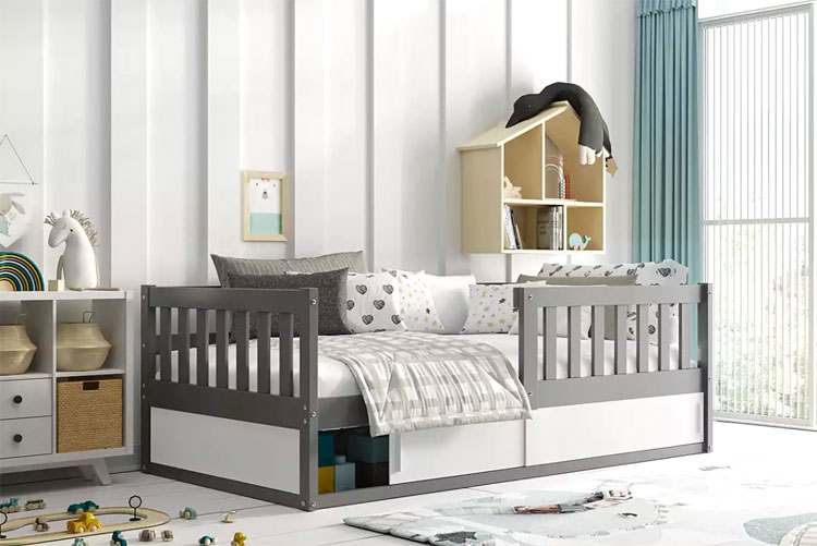 Dziecięce łóżko ze schowkiem na zabawki i barierkami Apio
