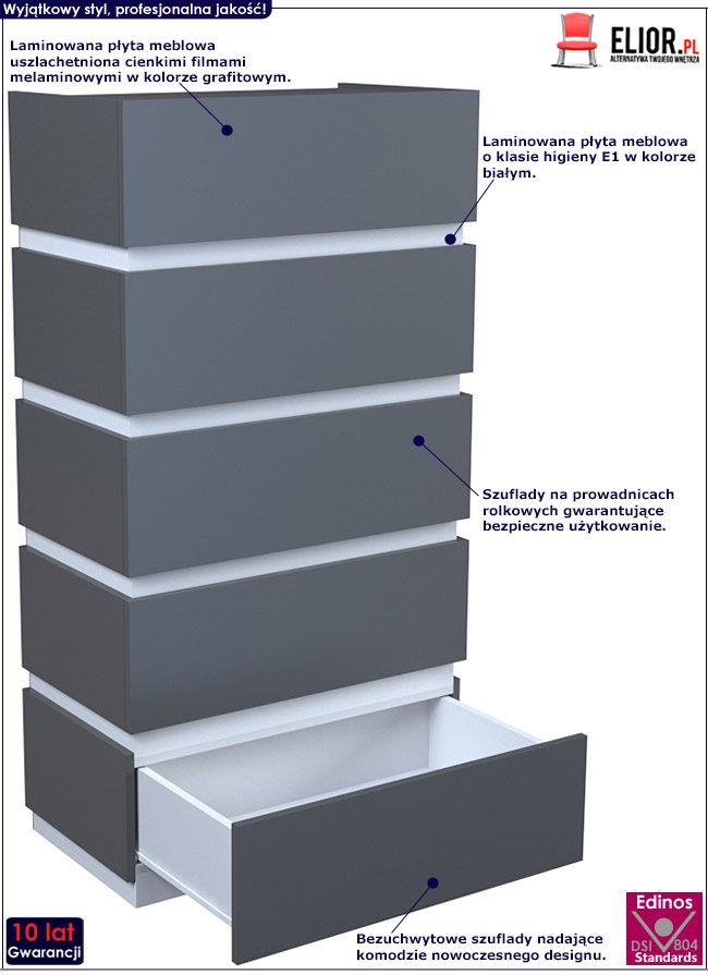 Grafitowa komoda biurowa z 5 szufladami Sedia 6X