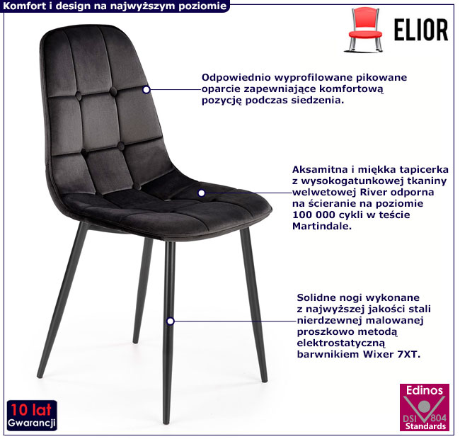 Czarne pikowane krzesło do salonu Ninwa