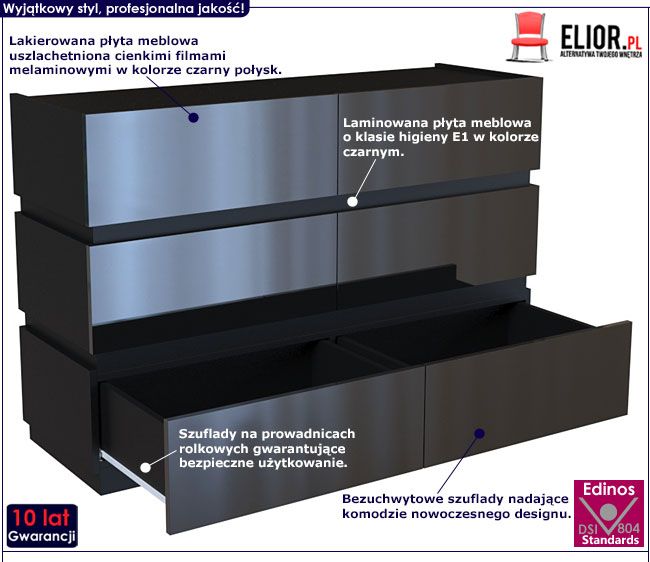 Lakierowana czarna komoda z 6 szufladami Nestia 3X