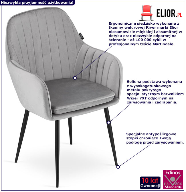 Infografika zestawu 2 welurowych metalowych krzeseł Negros w kolorze srebrny szary