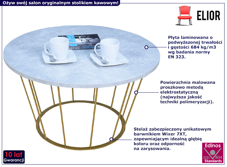 Druciany stolik kawowy Melbro 3X złoty+beton