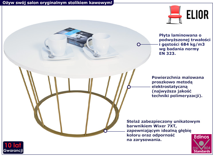 Druciany stolik kawowy Savik 3X złoty+biały