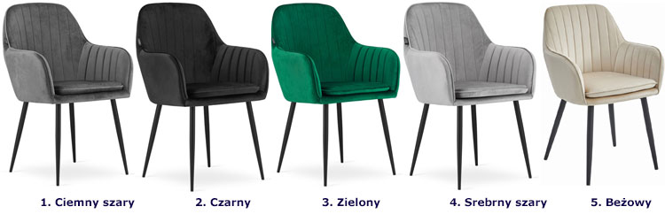 Dostępne kolory zestawu 2 krzeseł aksamitnych do salonu Negros
