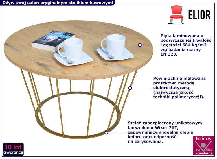 Druciany stolik kawowy Dalina 3X złoty+dąb lancelot