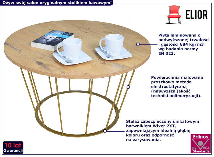 Druciany stolik kawowy Savik 3X złoty+dąb lancelot