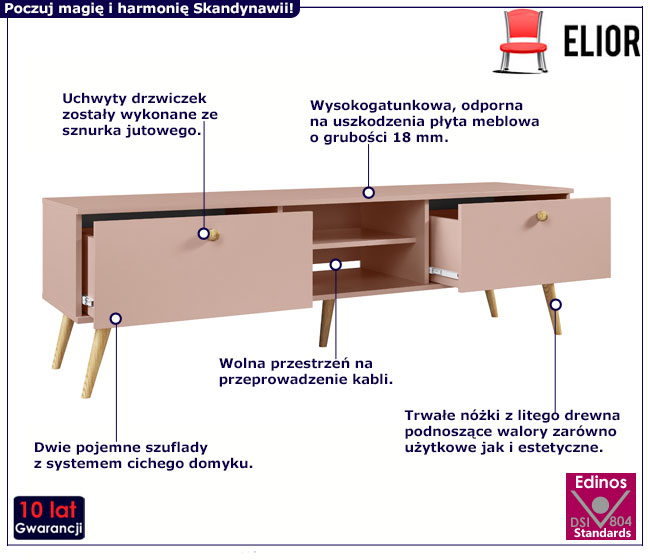 Skandynawska różowa szafka pod telewizor na drewnianych nóżkach Tida 6X