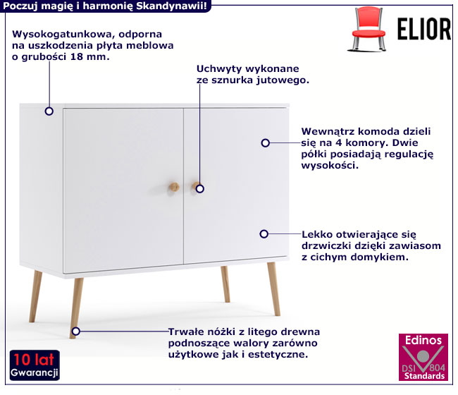 Biała komoda na drewnianych nóżkach Geza 9X