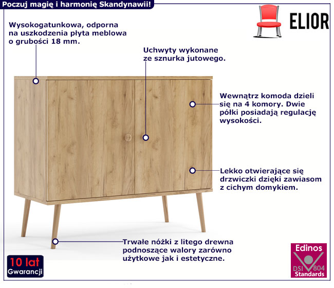 Skandynawska komoda z jutowymi uchwytami dąb craft Geza 9X